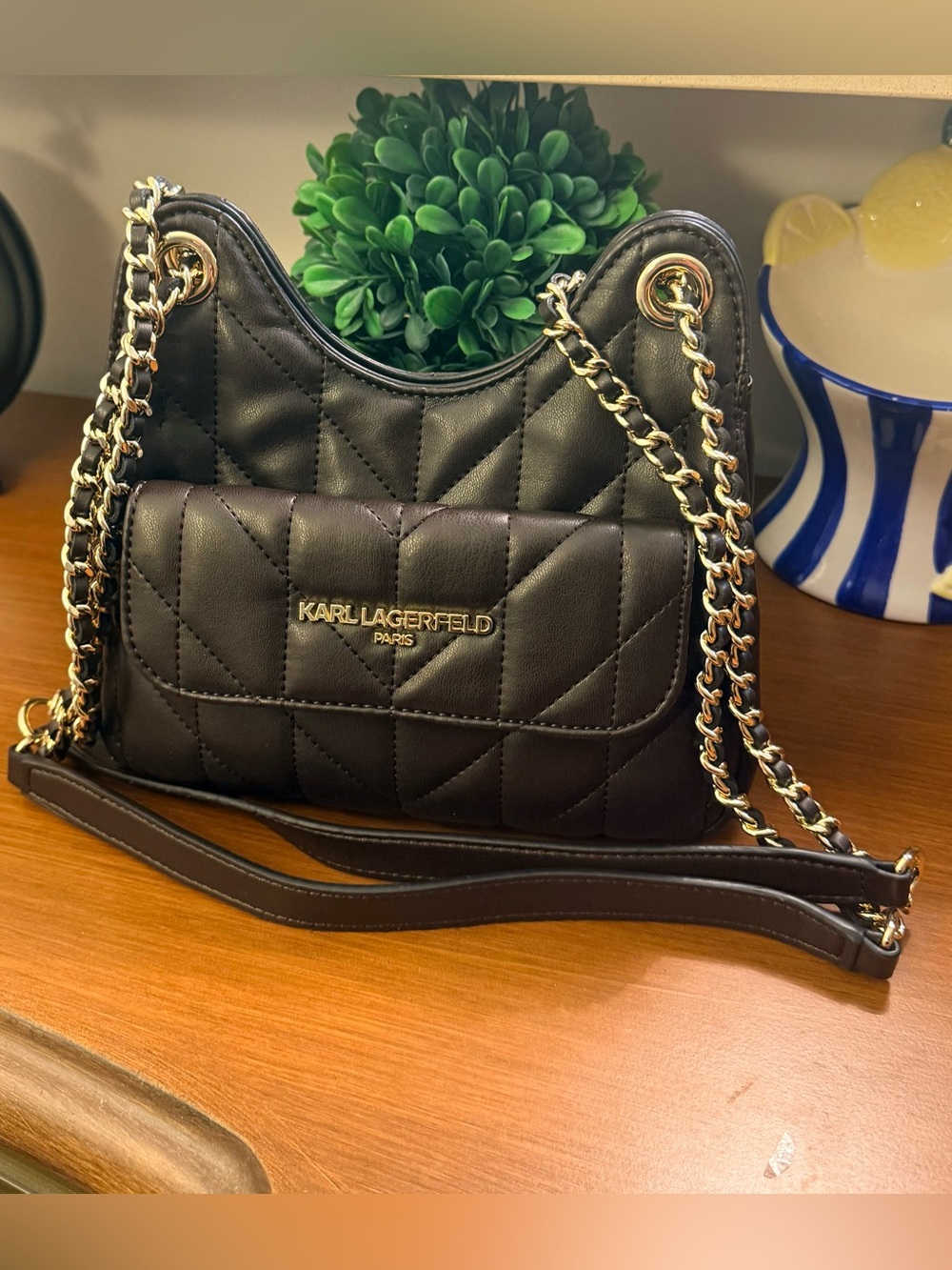 Karl Lagerfeld Quilted Dark Brown Shoulder Bag with Braid Gold Chain
